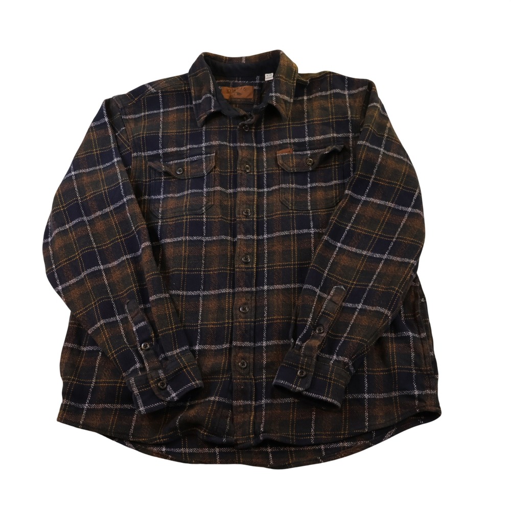 Orvis Mens XL Shirt Jacket Brown Navy Plaid Heavyweight Cotton Flannel Shacket